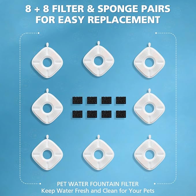 16 Pcs Cat Water Fountain Filters for Veken 95oz 67oz 135oz Pet Fountain | Dog Water Fountain Automatic Dog Water Dispenser 8 Pcs Pet Fountain Filter Replacement & 8 Pcs Pre-Filter Sponges - Image 9