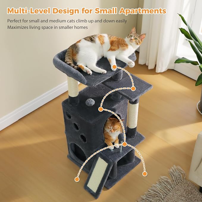PETEPELA Kitten Cat Tree, 34.6" Small Cat Tower with Ramp & Toys, Deep Grey | Compact 34.6-inch tower with 2 cozy condos, sisal scratch ramp & posts, dangling toys; right-sized for kittens & small cats - Image 7