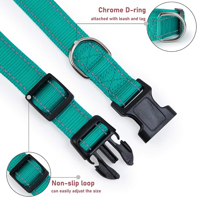 Reflective Dog Collar with Buckle Adjustable Safety Nylon Collars for Small Medium Large Dogs, Green M | No Chafing on Walks and Outdoor Hikes, Metal D-Ring, Night Safety - Image 3