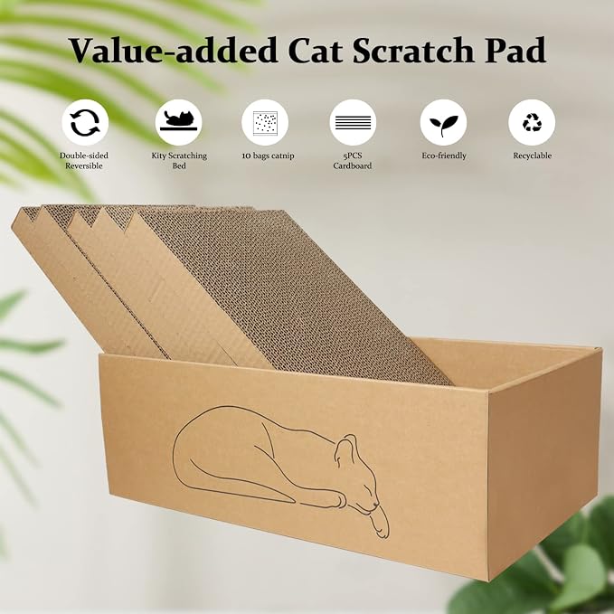 5 Packs in 1 Cat Scratch Pad with Box for Indoor Cats, Larger-Sized Durable Recyclable and Reversible Cardboard Cat Scratching Pad for Rest and Play - Image 3