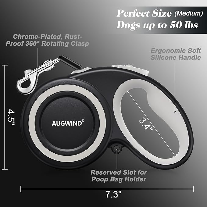 Retractable Dog Leash with Stainless Steel Anti-Chew Cable for Small & Medium Dogs up to 50 lbs | 16 ft Strong Nylon Reflective Tape | Quick Lock System (Medium, White) - Image 5