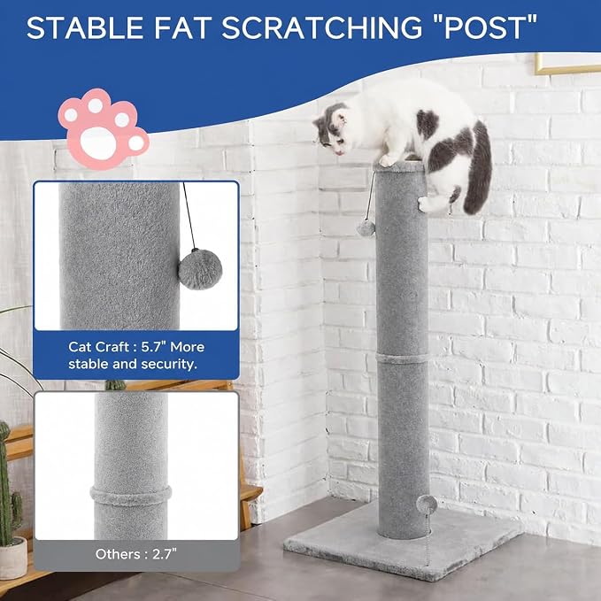 Cat Craft 41" Tall Cat Scratching Post for Large Cats, Light Grey | Short Plush Fabric, Stable Wide Base, Replaceable Hanging Ball, Full Stretch Design - Image 4
