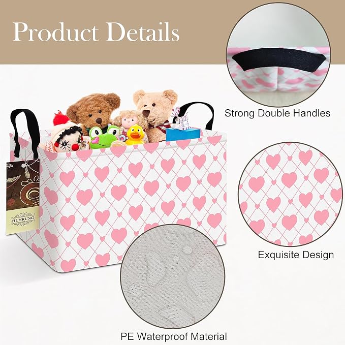 Rectangle Canvas Foldable Storage Basket for Nursery, Heart - Image 4