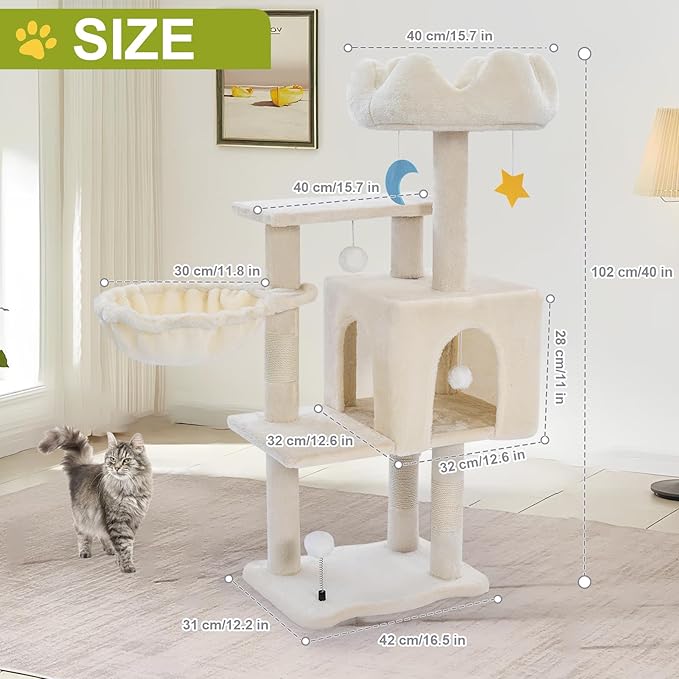 Cat Tree Tower with Hammock,40"Cat Trees for Indoor Cats Large Adult(White) | Modern Cat Tree Tower with Scratching Post, Cats Condo Furniture with Cloud Top Perch, Cats Climbing Tower for Kittens - Image 7
