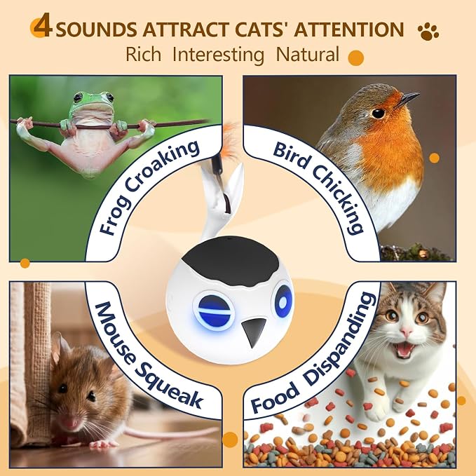 Cat Toys Ball, Smart Motion Sensor Moving Ball with 4 Sounds& 3 Speed Modes | Interactive Automatic Cat Toy for Indoor Cats,Fast Rolling Motion Activated Chirping Stimulating Light, 2 Feather Refill - Image 6