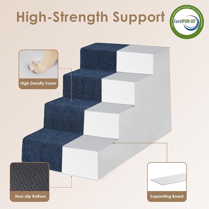 EHEYCIGA Dog Stairs for Bed 20" H, 4-Step Extra Wide Dog Steps, Navy | Pet Steps for Small Dogs and Cats for High Bed, Non-Slip Balanced Pet Ramp Indoor - Image 3