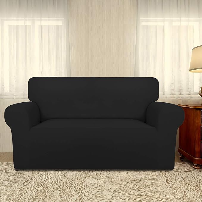 PureFit Stretch Loveseat Covers Fleece Couch Covers for Sofa Black | 1-Piece Sofa Slipcover Soft Couch Protector, Sofa Cover Washable with Non Skid Foam and Elastic Bottom for Kids, Dogs - Image 2