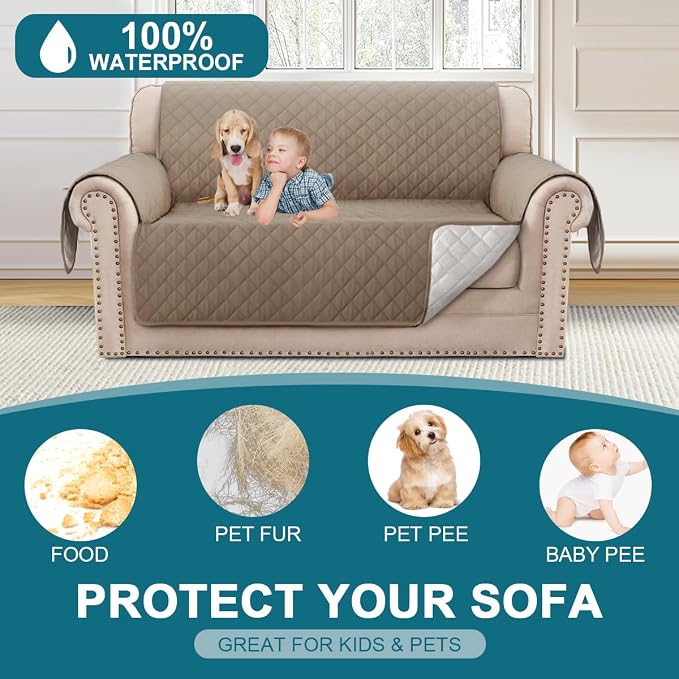 Turquoize 100% Waterproof Couch Cover Sofa Covers for 2 Cushion Couch Loveseat Covers Triple Non-Slip Couch Cover for Dogs Washable Furniture Protector Cover for Pets, Kids (Loveseat 54", Taupe) - Image 2