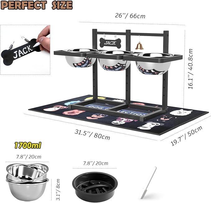 Elevated Dog Bowls for Large Dogs, 6 Height Adjustable Raised Stand with Mat, Slow Feeding Bowl and Three 1700ML Bowls, for Large Breed and Multi-Pet Households - Image 3