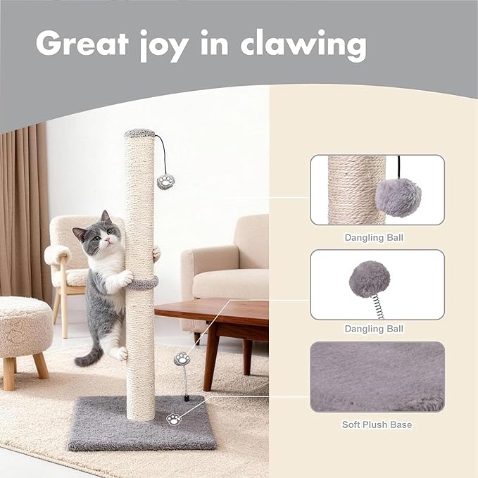 MECOOL 34“ Tall Cat Scratching Post Premium Basics Kitten Scratcher Sisal Scratch Posts Trees with Hanging Ball for Indoor Cats, Gray - Image 2