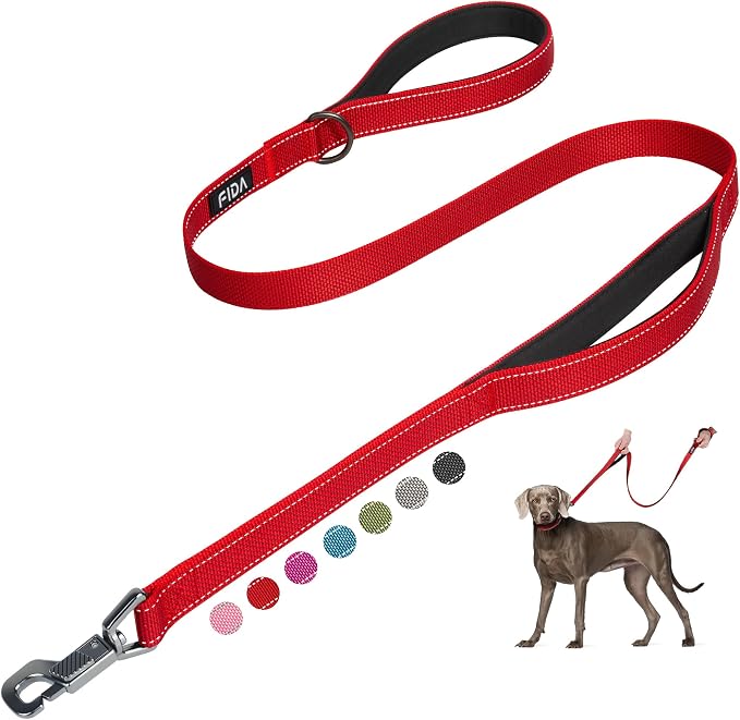 Fida Heavy Duty Dog Leash for Medium Large Dogs, 4 FT, Dual Padded Handles | Traffic Handle for Close Control, Advanced Easy Snap Hook, Reflective, Strong Nylon Webbing for Daily Walks & Training, Red by Fida
