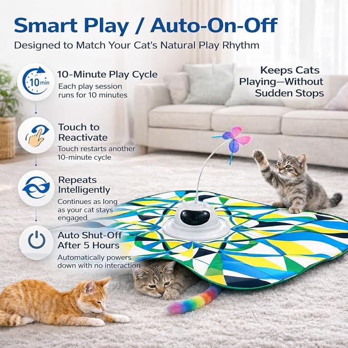 Interactive Cat Toy for Indoor Cats, Rechargeable 3-in-1 Hide & Seek Toy | Touch Activated, Spinning Butterfly, Plush Tail, Ultra Quiet, Rechargeable, Non Slip Base, Self Play for Adult Cats & Kittens - Image 3