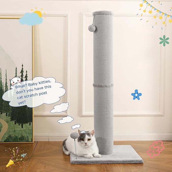 Cat Craft 41" Tall Cat Scratching Post for Large Cats, Light Grey | Short Plush Fabric, Stable Wide Base, Replaceable Hanging Ball, Full Stretch Design - Image 7