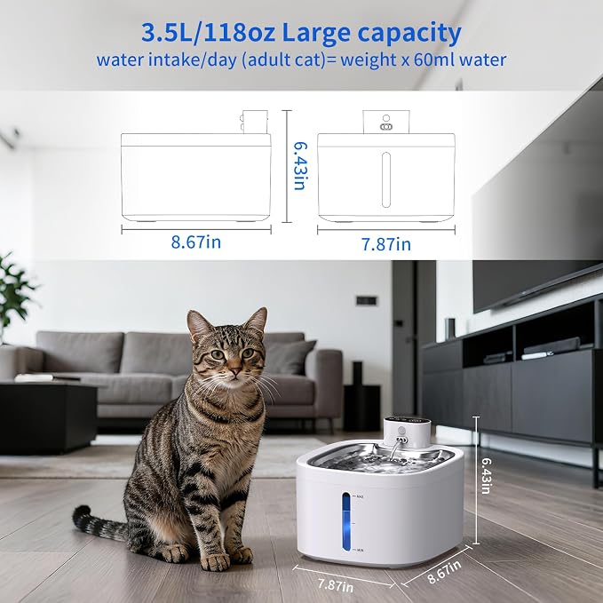 Cat Water Fountain Wireless: 118oz/3.5L Battery Operated Pet Water Fountain for Cats Indoor with Motion Sensor, Quiet Automatic Fountain with Stainless Steel Tray(2Filters) - Image 6