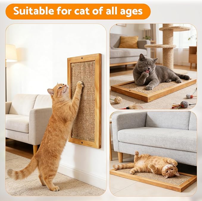 Cat Scratching Post, Natural Wooden Sisal Cat Scratch Pad, Floor or Wall Mounted Vertical Cat Scratcher Mat for Indoor Cats Adults or Kittens, Scratching Board Cat Wall Furniture Protector - Image 4