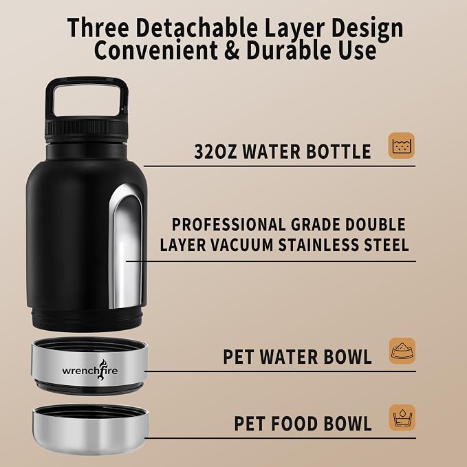 32 oz Instulated Stainless Steel Dog Water Bottle with 2 Detachable Bowls,Portable Cat Travel Dispenser with Brush for Walking Hiking Camping,Black - Image 5