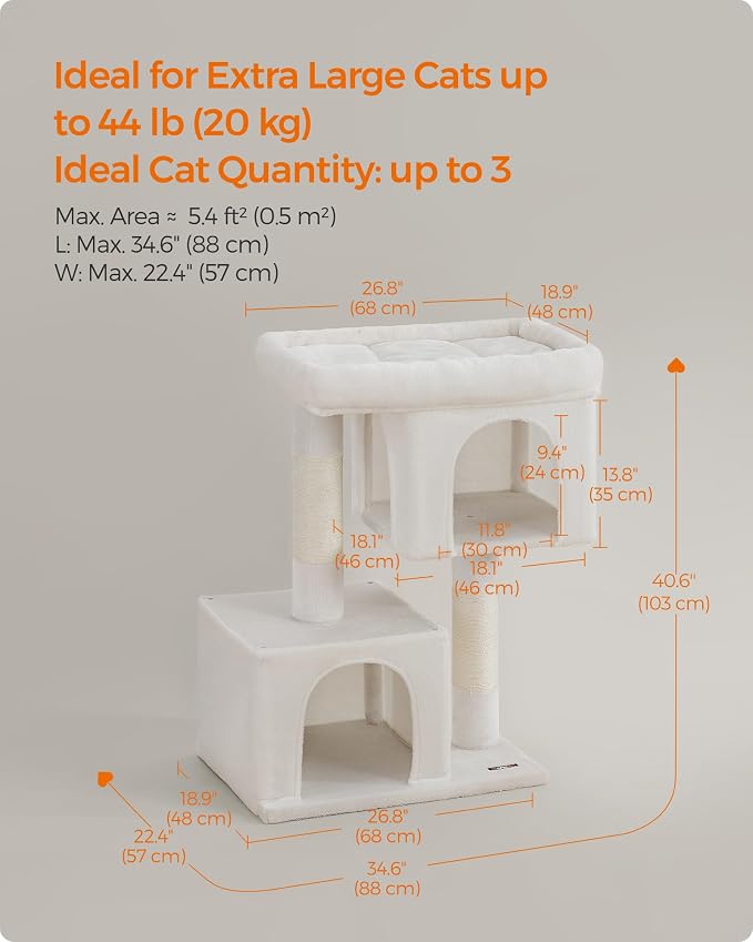 Feandrea Cat Tree, 40.6-Inch Cat Tower, Plush Condo for Extra Large Cats up to 44 lb, Large Perch, 2 Caves, Scratching Post, Cream White UPCT614T01 - Image 6