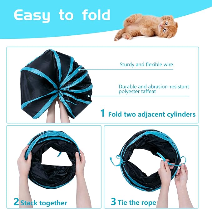 Sheldamy Cat Tunnel, S-2-Way Cat Tunnels for Indoor Cats, Collapsible Cat Play Tunnel, Interactive Toy Maze Cat House with 1 Play Ball for Cats, Puppy, Kitty, Kitten, Rabbit (Blue & Black) - Image 4