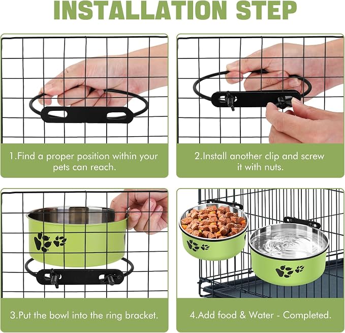 Dog Crate Water Bowl, 54oz & 34oz No Spill Crate Food and Water Bowl | Stainless Steel Kennel Bowls Mountable for Medium and Large Dogs, Cats and Pets, Set of 2, Green (7.1x2.9” & 6.2x2.6”) - Image 4