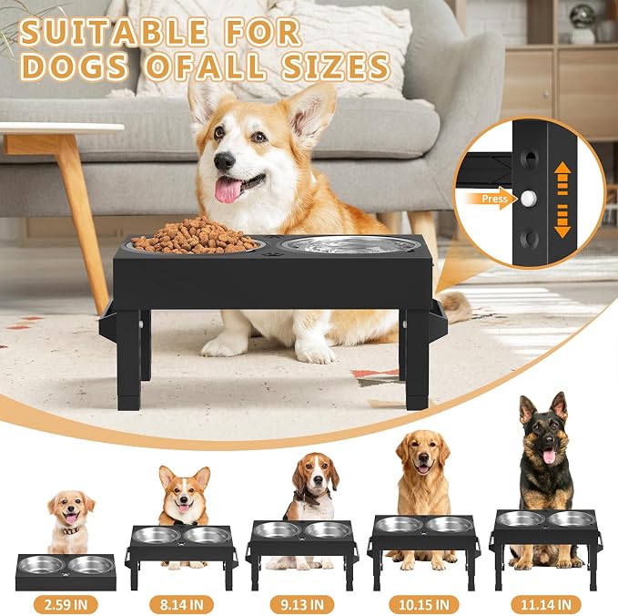 Elevated Dog Bowls Stand Large Breed, Height Adjustable Raised Dog Bowls Holder with 2 Stainless Steel Food Bowls for Small, Medium and Large Canine，Black - Image 4