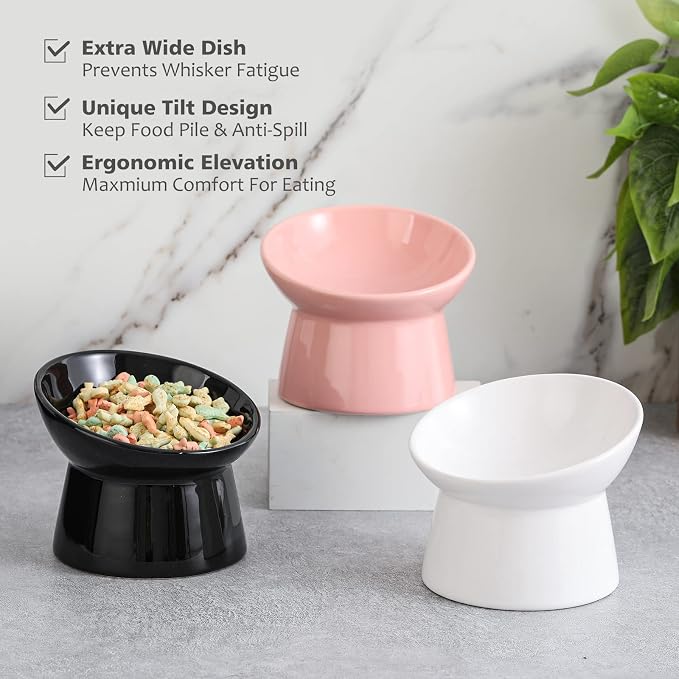 Raised Ceramic Cat Food Bowl - Elevated Base, Tilted, Anti Vomit - Whisker Friendly Shallow Wide Feeding Bowl - Microwave and Dishwasher Safe - Image 6