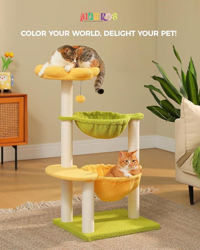 37.4" Flower Cat Tree with 2 Hammocks & 6 Sisal Posts, Yellow | Flower top perch, 2 spacious hammocks, 6 sisal posts, Cute small tower, For indoor kittens, Sturdy build - Image 8