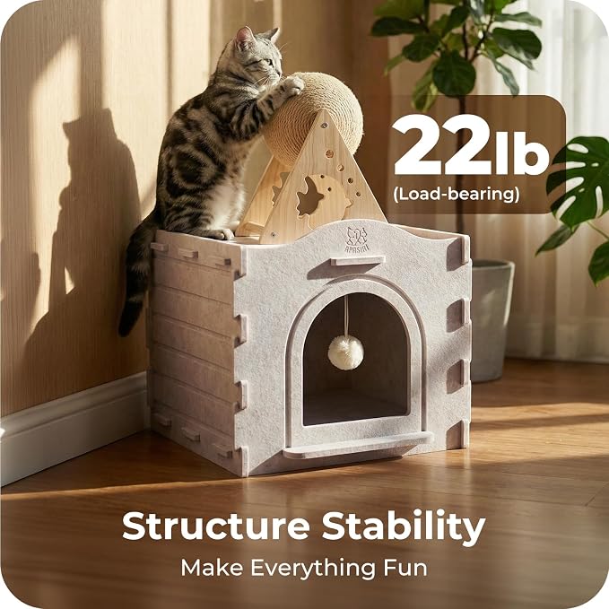 Cat Bed Cave for Indoor Cats: New Felt Cat Bed with Fluffy Ball Hanging, Foldable Cat House with Scratch-Resistant Board, Hideaway Cat Cave for Timid Cats, Sturdy Two-Tier Cat Condo - Gray - Image 4