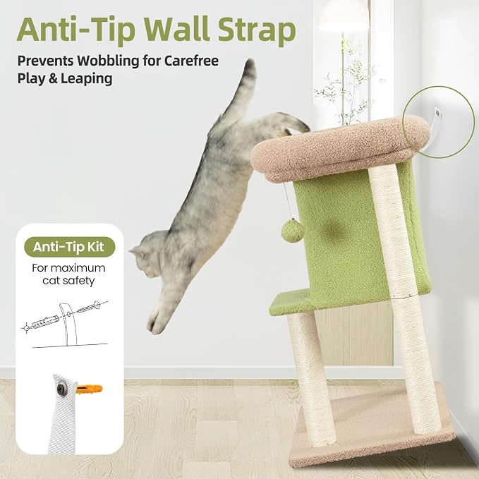 Cat Tree Tower Scratching Post for Indoor Large Adult Cats with Perch Bed | 28in Tall Small Cat Trees House with Big Perch, Condo, Toy Balls, Modern Kitten Climbing Furniture Platform, Green - Image 8