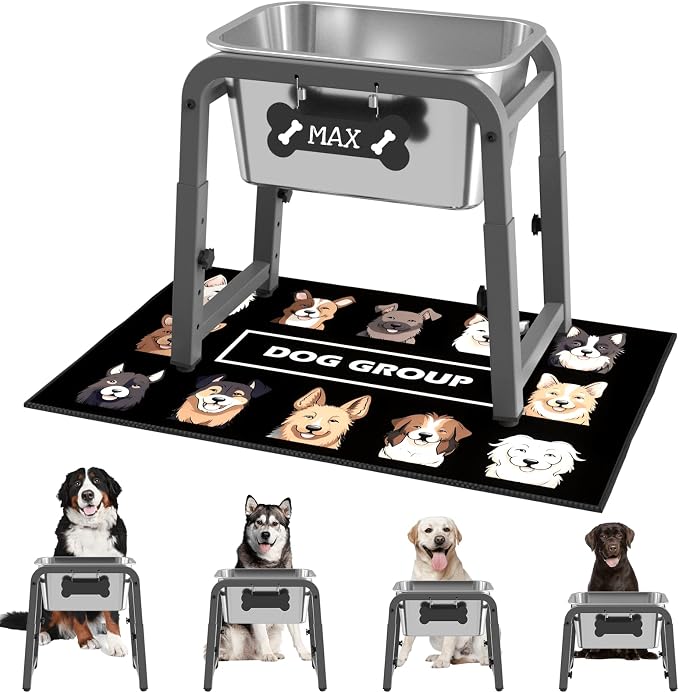 1.85 Gallon Elevated Dog Water Bowl, Height Adjustable (10.4–15.2'') Raised Stainless Steel Bowl with Spill-Proof Mat & Sturdy Metal Stand, Tip-Proof, Easy to Clean, Indoor & Outdoor Use by ADENGL