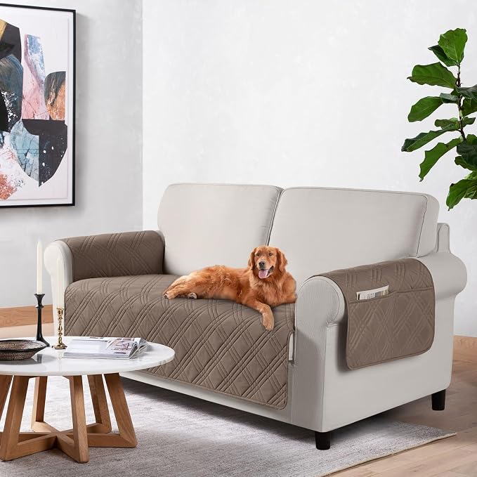 TAOCOCO Waterproof Loveseat Covers for Dogs, Non Slip Couch Cover, 54'' | Washable Love Seat Covers with Arms for 2 Cushion Couch, Dog Sofa Cover Protector, Pockets & Backless Design, Taupe by TAOCOCO