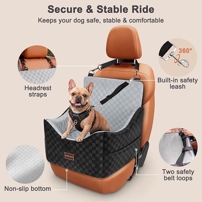 JOEJOY Elevated Dog Car Seat for Small/Medium Dogs up to 35 lbs, Memory Foam Booster Seat with Detachable Washable Cover, Travel-Safe Car Bed with Safety Belts & Storage Pockets, Grey - Image 5