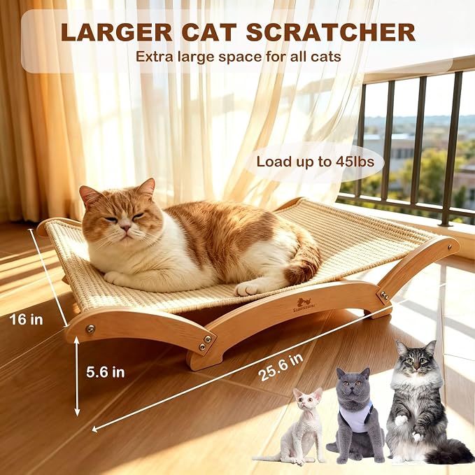 Extra-Large Sisal Cat Scratcher Bed for Indoor Cats, Cat Scratching Post with Hammock Nartural Sisal Scratch Pad for Large Cats Scratcher Lounge Chair, Wooden Cat Furniture (Light Nartural) - Image 4