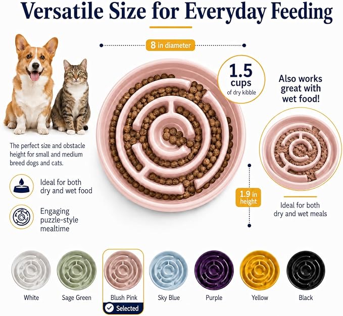 Ceramic Slow Feeder Dog Bowl 1.5 Cup Puzzle Dish for Small Medium Dogs | Glazed ceramic maze bowl with 1.5-cup capacity for dry or wet food, sized for small and medium dogs - Image 2