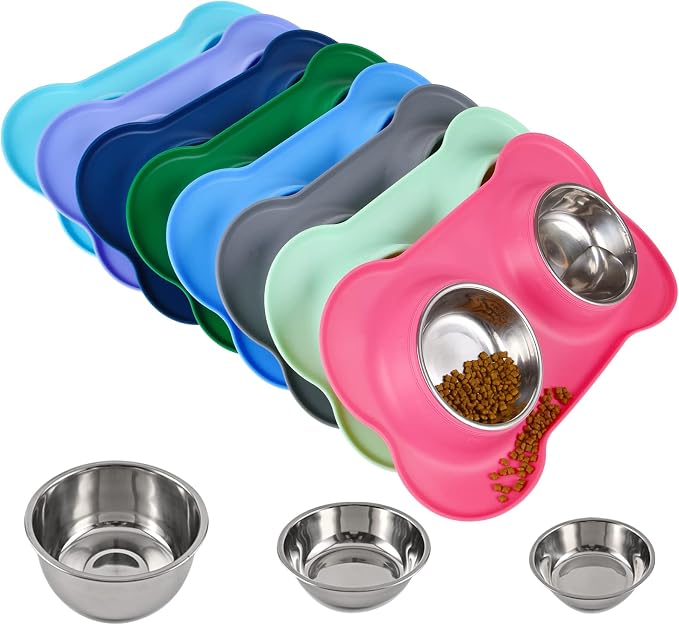 Dog Bowls 2 Stainless Steel Bowl for Pet Water and Food Feeder with Non Spill Skid Resistant Silicone Mat for Pets Puppy Small Medium Cats Dogs by Juqiboom