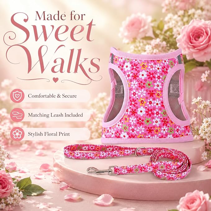 Step in Dog Harness Leash Set- All Weather Reflective No-Pull Floral Pattern Padded Mesh Vest Harness for Cats Puppy Extra-Small Small Medium Large Dogs - Pink Flower - XXS - Image 5