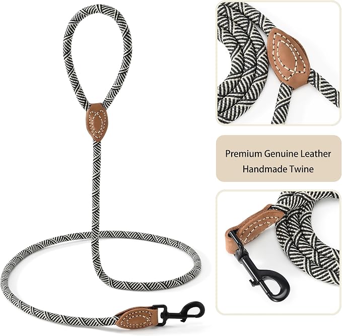 Mile High Life Dog Leash with Genuine Leather-Wrapped Ends, 4/5/6FT | Tangle-Free 360° Swivel Clasp Heavy Duty Rope Leash | Small Medium Large Dogs | Daily Walking (White Beige, 72 Inch, 1/2") - Image 4