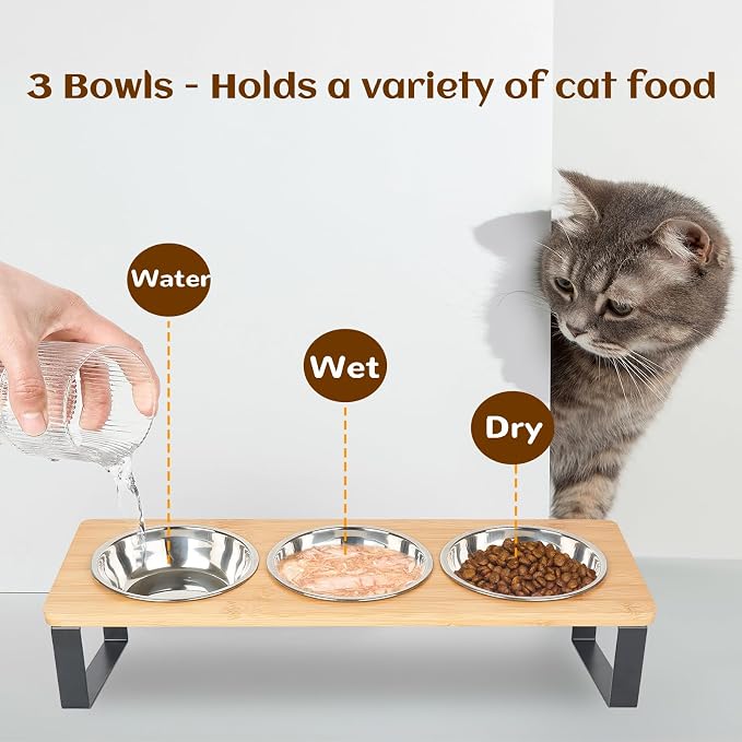Elevated Cat Bowl, 15° Tilted Cat Bowl Stand with 3 Stainless Steel Bowls for Indoor Cats and Pet, Raised Cats Bowls for Food and Water - Image 5