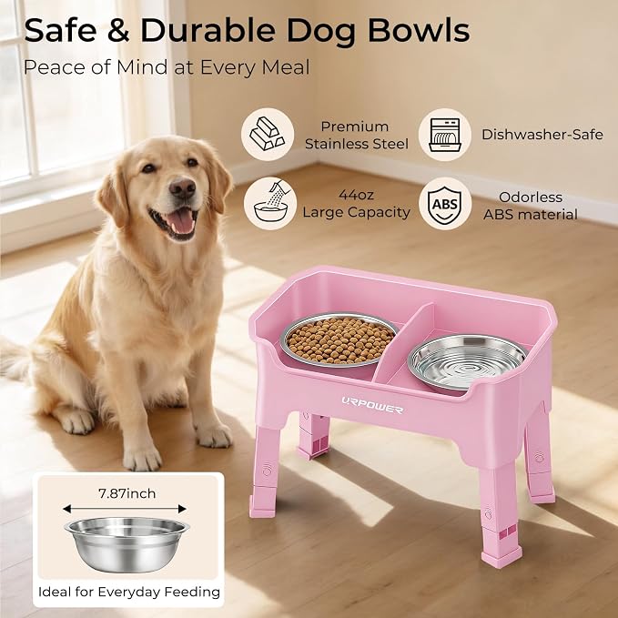 URPOWER Mess Proof Elevated Dog Bowls, Splash Guard Raised Bowl Stand | 4 Adjustable Heights, 2 Stainless Steel Bowls, Food & Water Separation, Foldable Design Non-Slip for Small Medium Large Dogs - Image 5