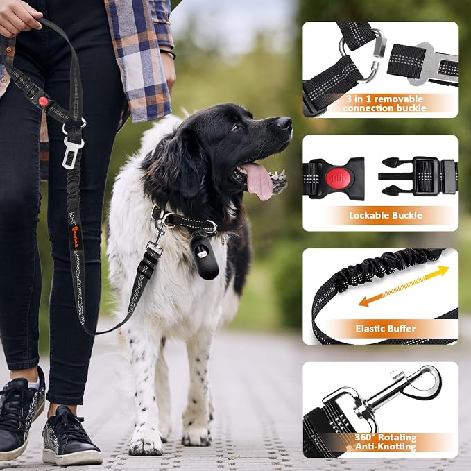Laqibak Removable Dog Seat Belt Harness for Car, 3 in 1 Pet Seatbelt Leash | Retractable Headrest-Mounted,Restraint & Adjustable Reflective Bungee Dog Seatbelt Tether,Black - Image 5