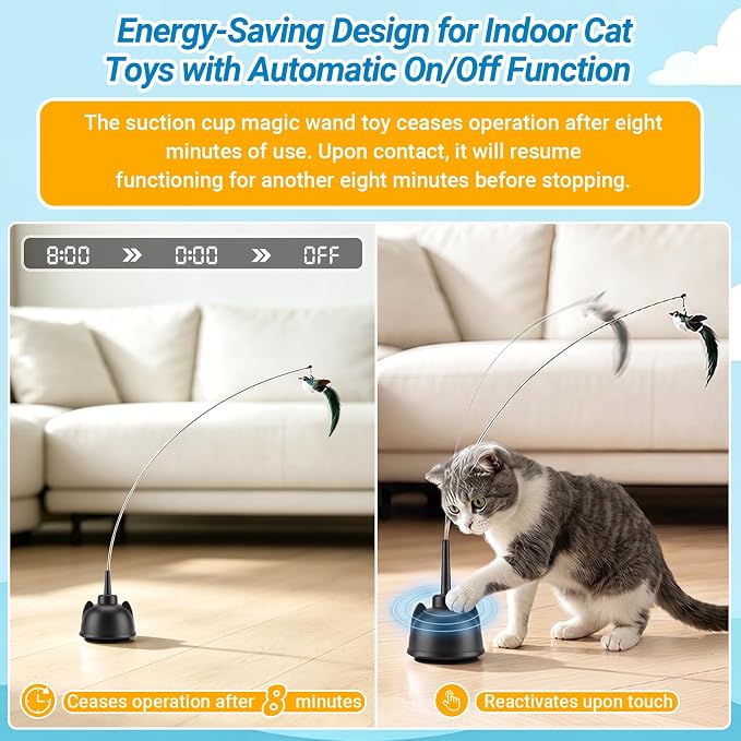 Interactive Cat Toys for Indoor Cats Toy Wand 360° Flying Bird Cat Toy | 2 Speed Adjustable Flying Bird Cat Toy Automatic Cats Toys with Self ON/OFF Feather Toy Suction Cup Electric Cat Teaser Wand - Image 5