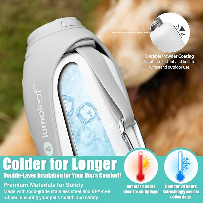 LumoLeaf Insulated Dog Water Bottle 27 oz Stainless Steel - Keep Water Cool or Warm, Portable Pet Water Bowl for Travel, Wide Mouth for Easy Ice Filling & Cleaning (Grey, 27 oz) - Image 4