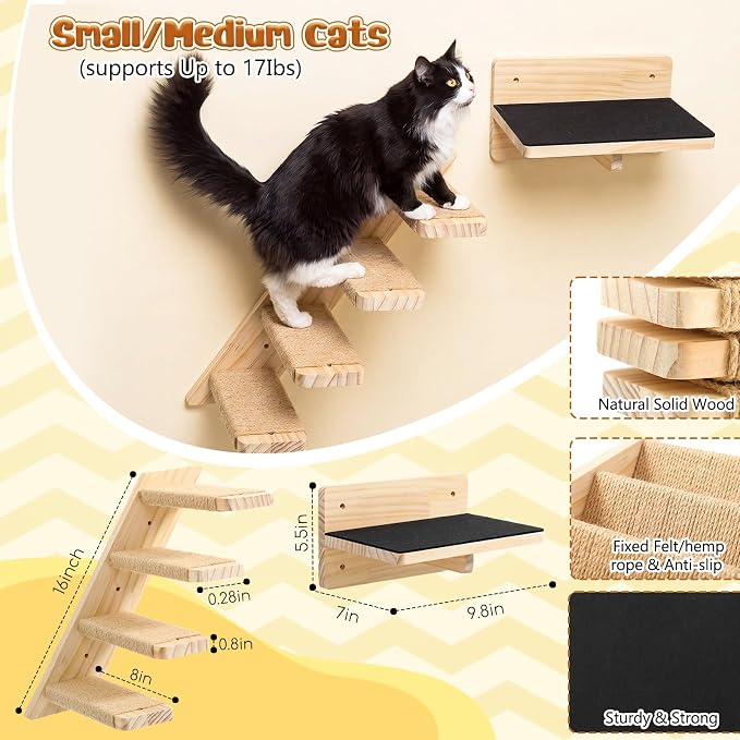 Nuanchu 2 Pack Cat Wall Shelves Stairs Steps Ladder with Hemp Rope | Cat Wall Mount Furniture, Kitten Wood Perch,Climbing System, 4 Step, Corner Shelf, Scratching, Fit Small to Medium Sized Pet - Image 2