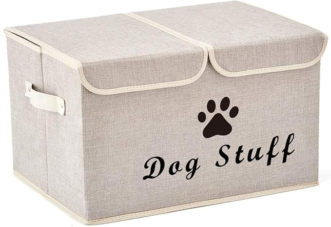 Large Dog Toys Storage Box Canvas Storage Basket Bin Organizer with Lid - Collapsible Linen Bin Ideal for Organizing Dog Cat Toys and pet Stuff-PP Boad-17" x 12" x 10" - Beige by Brabtod