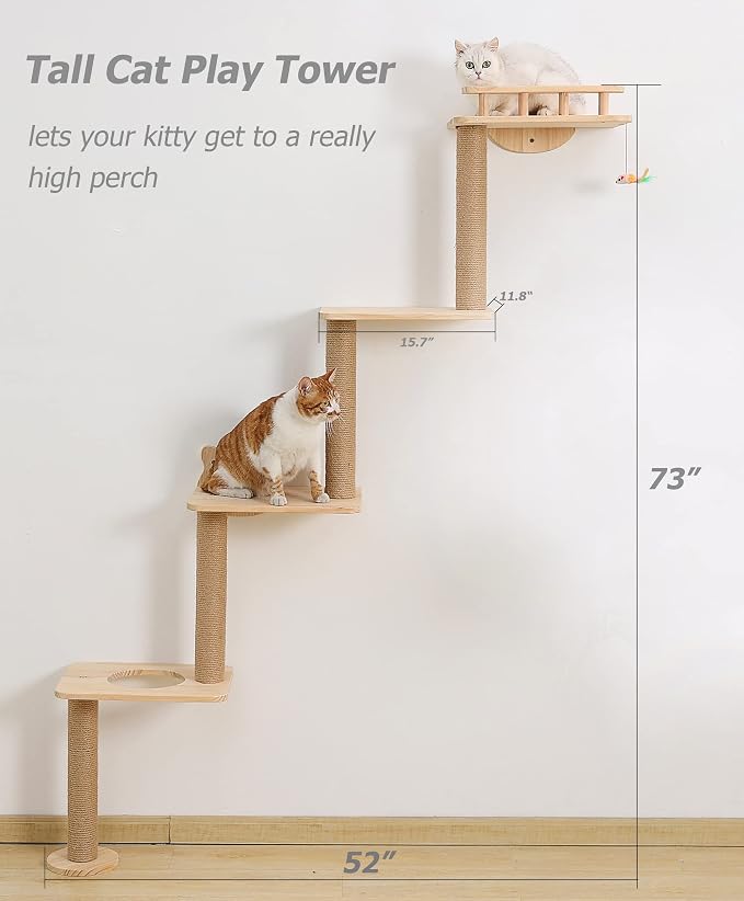 Cat Tree Wall Mounted with 4 Levels Shelves, 73" Wood Corner Tower Inside Kitten Scratching Post for Climbing,Perching and Lounging (Left to Right) - Image 5