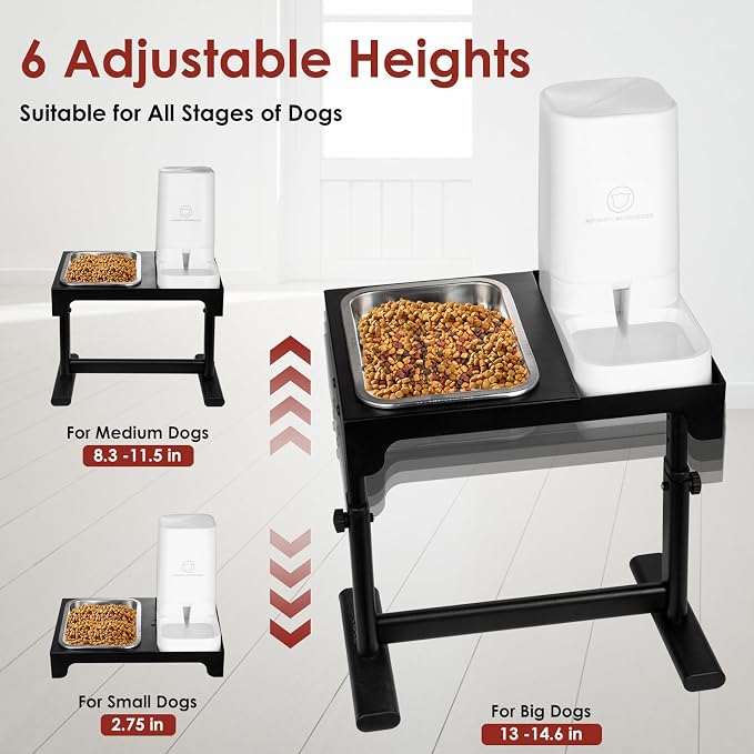Elevated Dog Bowls with Water Dispenser and 304 Stainless Steel Bowl, Adjustable to 6 Heights, 2.75" to 14.6", Raised Dog Food Bowls for Small, Medium & Large Sized Dogs, Tilted Angle - Image 5