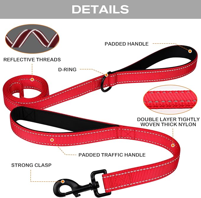 Joytale Dog Leash for Large Dogs that Pull, Double Handle, 5FT, Red | Traffic Handle for Control, Padded Handle Reduces Hand Strain, Reflective Stitching for Night Safety, Strong Nylon Webbing - Image 3