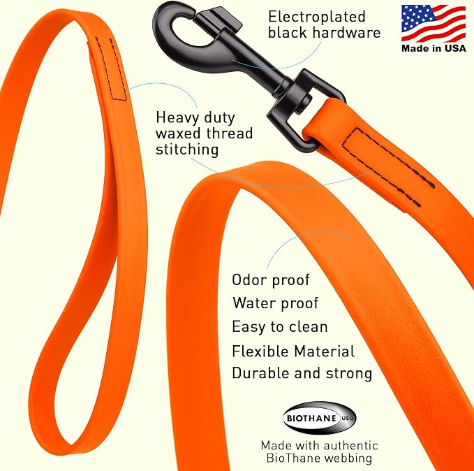 Dogline Biothane Waterproof Dog Leash Strong Coated Nylon Webbing with Black Hardware Odor-Proof Easy to Clean High Performance for Small or Large Dogs Made in USA 4 or 6 ft Lead, Hunter Orange - Image 2