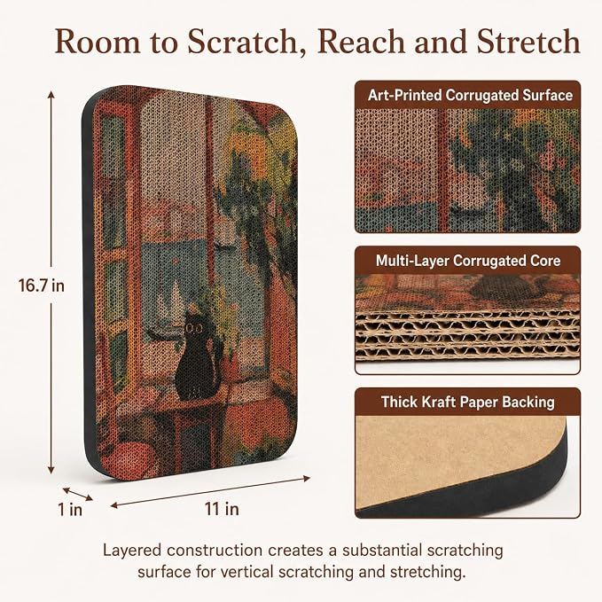 2 Pack Cat Wall Scratcher, Art Cat Scratching Board for Cats | Wall Mounted Cat Scratch Pad, Water-Based Ink, Hook&Loop Strips, Floor or Wall Use, 16.7x11x1 Inch, Window & Starry Night - Image 2