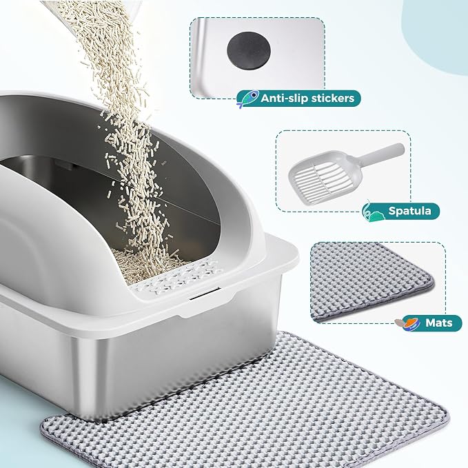 OLIXIS Stainless Steel Large Cat Litter Box with Lid, High Wall Sides | Large Cat Litter Box for Big Cats, Anti-Urine Leakage, Easy Cleaning, Scoop and Mat Included, Light Gray - Image 6