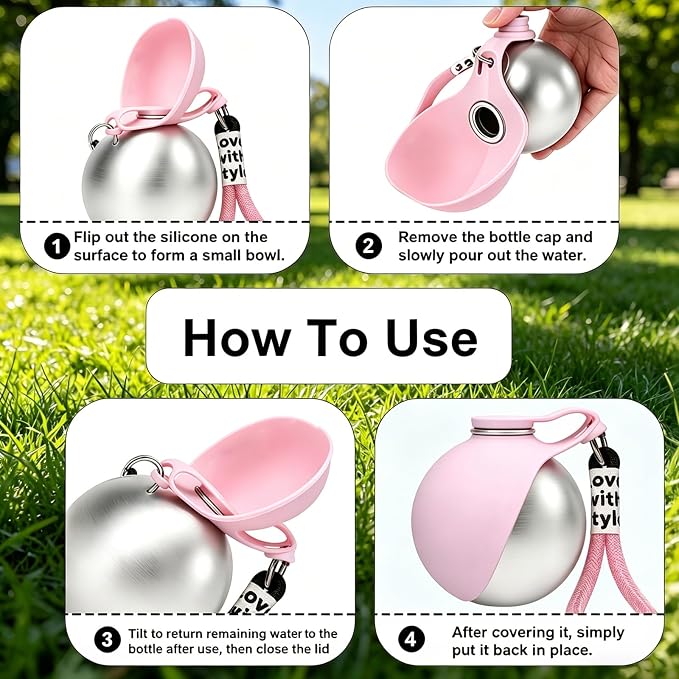 Portable Dog Water Bottle, Flip-Top Silicone Bowl Design, Insulated Hot & Cold Retention Material, One-Hand Leakproof Use, Perfect for Walking & Hiking, 10oz (Pink, No Print) - Image 6